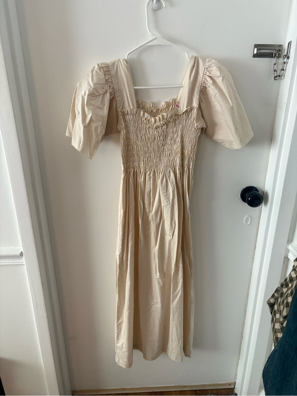 Lisa Says Gah Cream Smocked Puff Sleeve Midi Dress